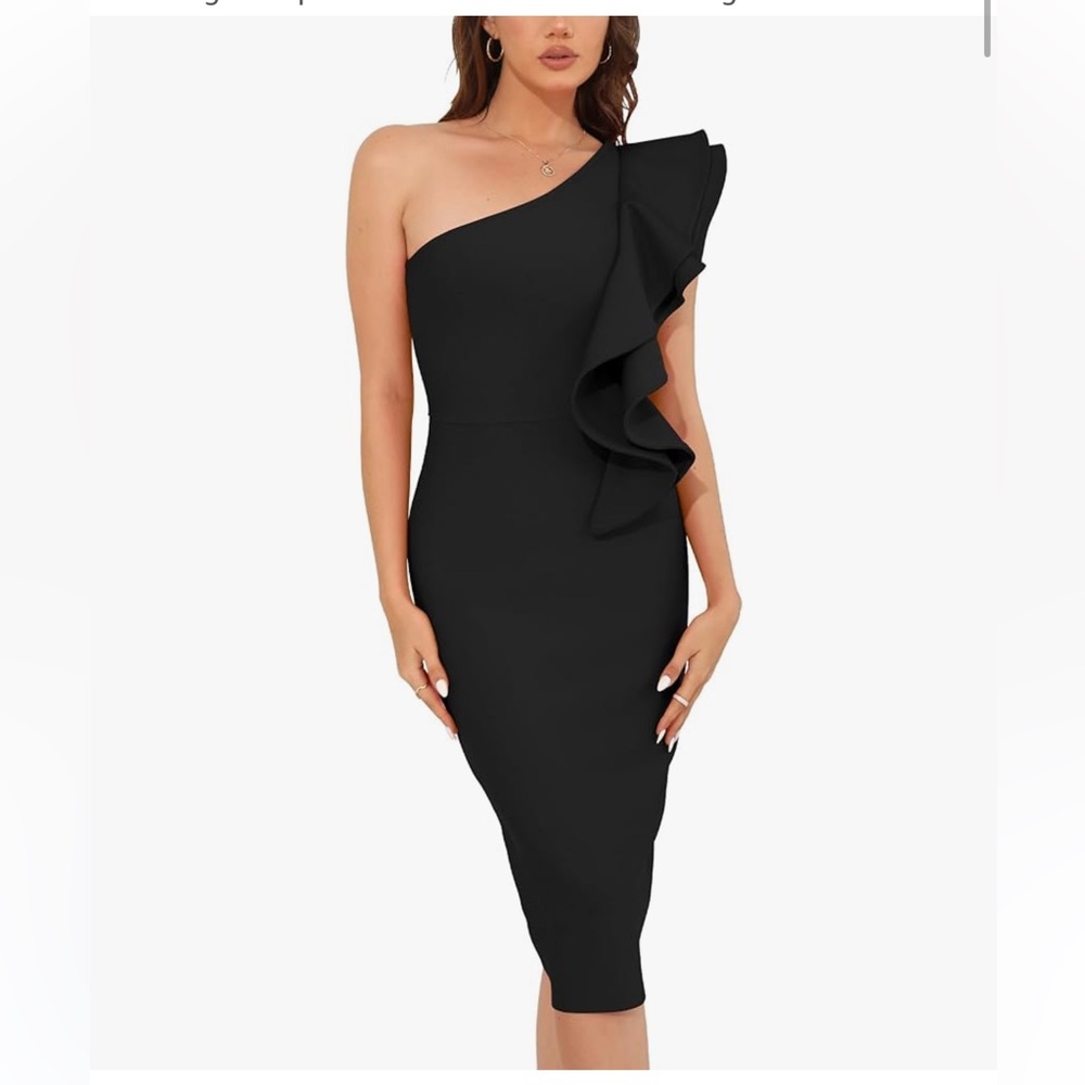 NEW Baosuu Bandage One Shoulder Ruffle Bodycon Black MIDI Cocktail Dress, Small